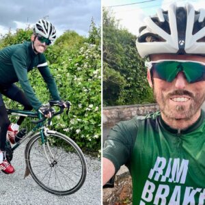 Side-by-side images of Tom Staniford riding a bike earing a green jersey