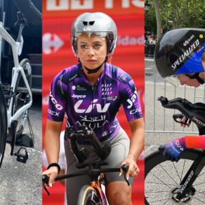 Three images of tech at Vuelta Femenina the new Colonago, a rider in a new Liv time trial helmet and Demi Vollering time trial set up