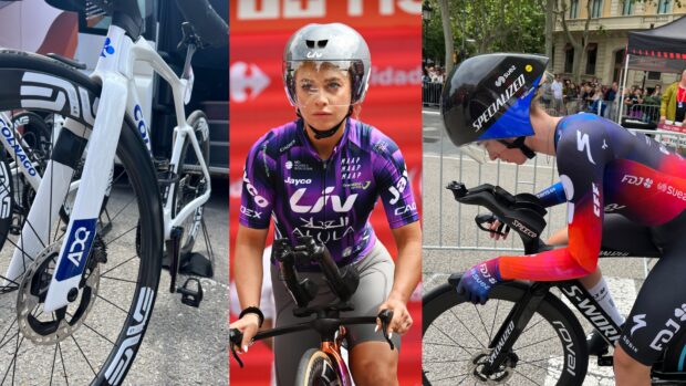 Three images of tech at Vuelta Femenina the new Colonago, a rider in a new Liv time trial helmet and Demi Vollering time trial set up