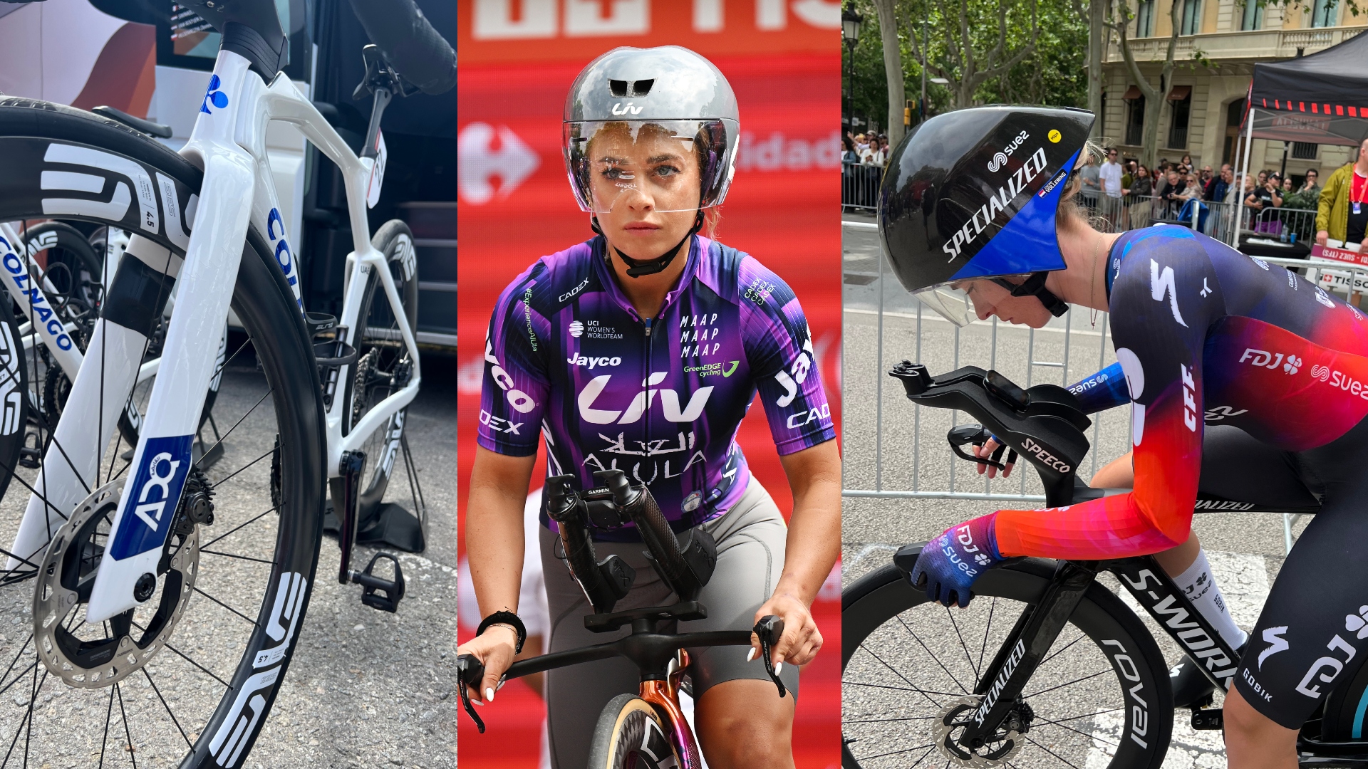 Three images of tech at Vuelta Femenina the new Colonago, a rider in a new Liv time trial helmet and Demi Vollering time trial set up