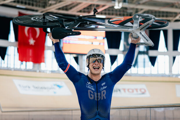 Matthew Richardson of Great Britain celebrates after setting a world record breaking time of 8.857sec in the UCI Men Elite 200m Flying Start record attempt, bettering the world record he set 24 hours earlier.