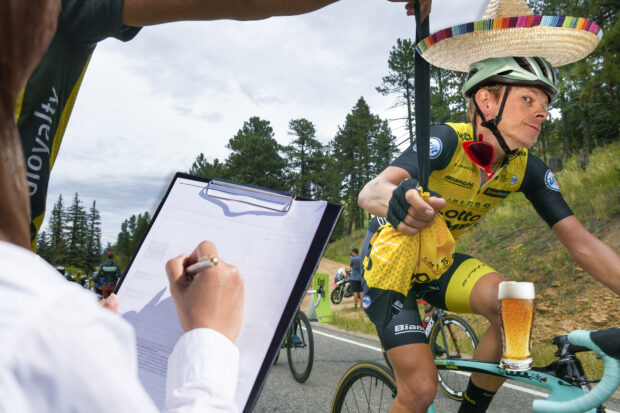 Collage of Dr Hutch's face over a rider and a woman with a clipboard