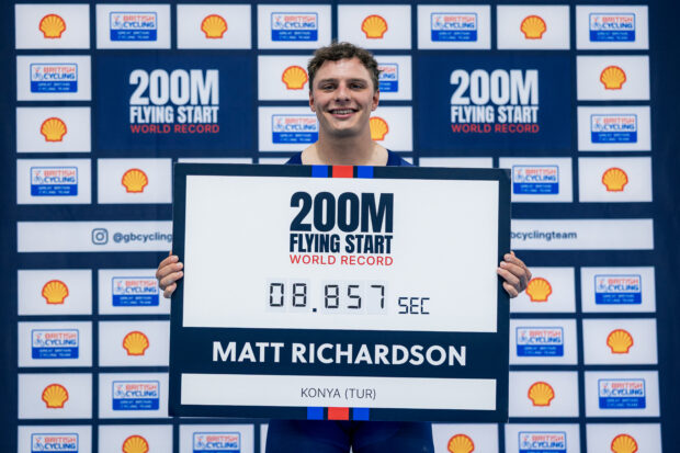 Matthew Richardson of Great Britain celebrates after setting a world record breaking time of 8.857sec in the UCI Men Elite 200m Flying Start record attempt, bettering the world record he set 24 hours earlier.