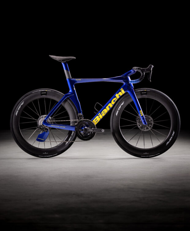 studio beauty shots of Bianchi road racing bike shown against black