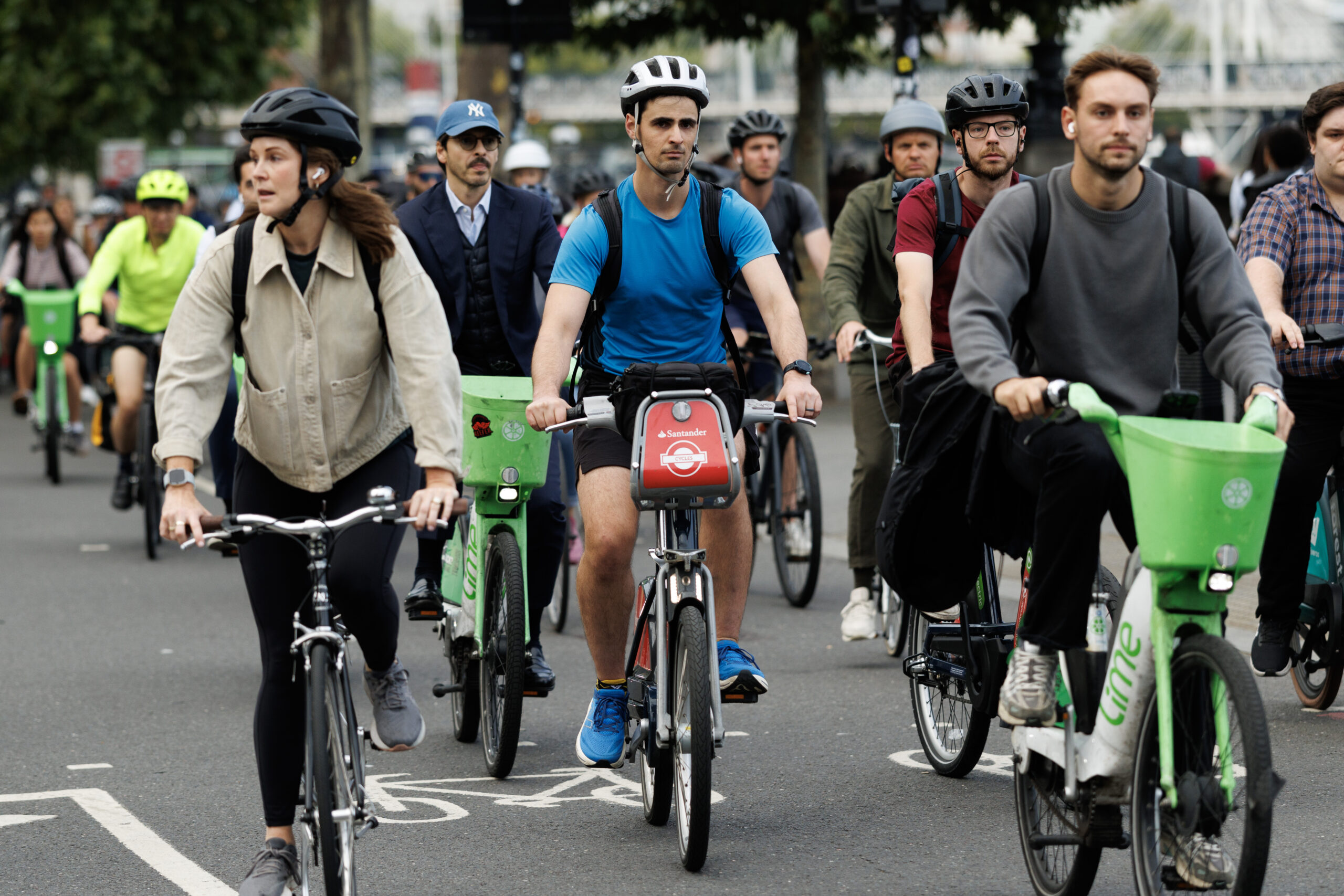 Commuters on Lime Bikes in London
