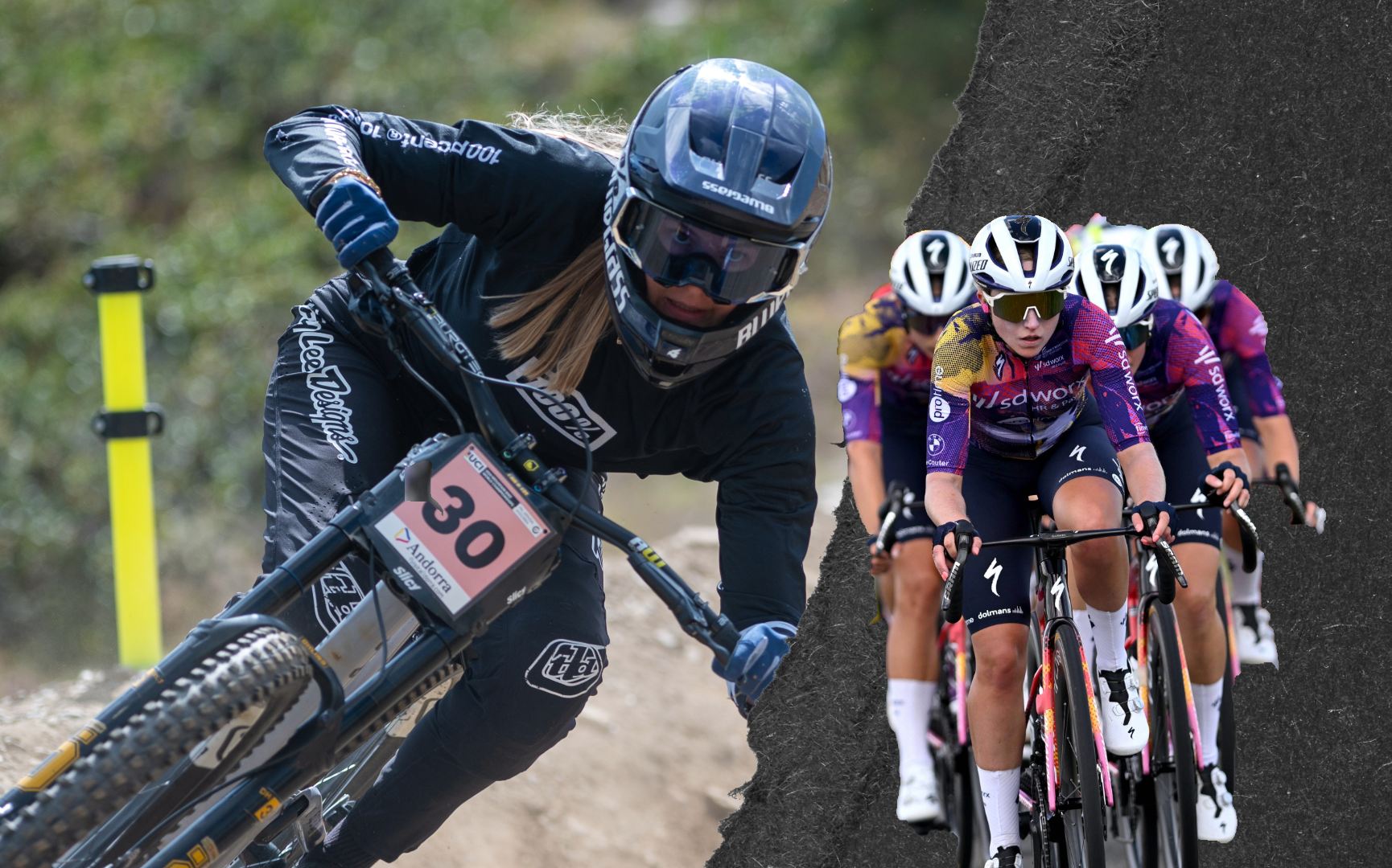 A collage of a mountain biker and a peloton
