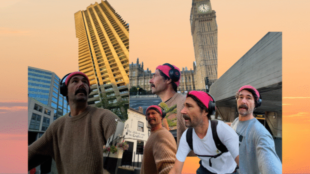 Collage of a man on a bike on top of a sunset