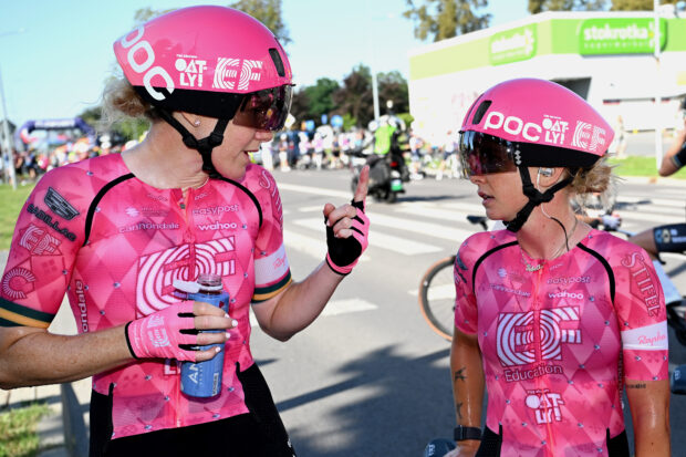 EF Education Oatly riders in POC helmets