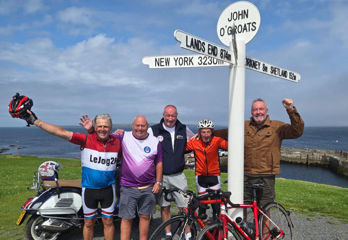 83-year-old Eddie McGourley at the finish of his 11-day LEJoG ride