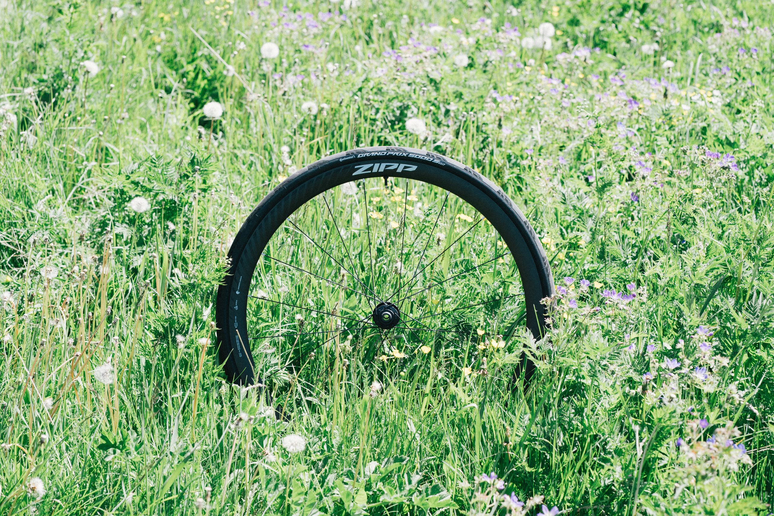 A zipp wheel in an alpine meadow
