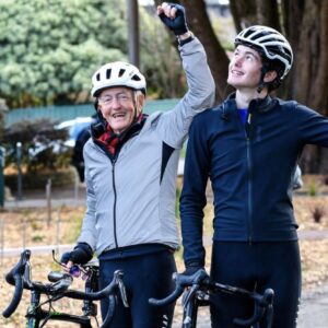 Bob Montgomery and grandson Tom Malcolm at the end of their ride across Australia