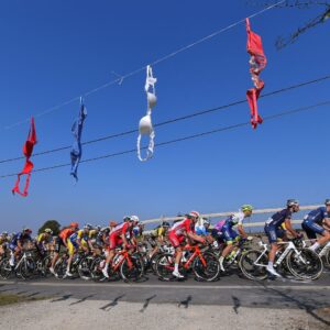 Bras hang roadside as the peloton goes by. Belgian Road Championship 2020 from Halle to Anzegem