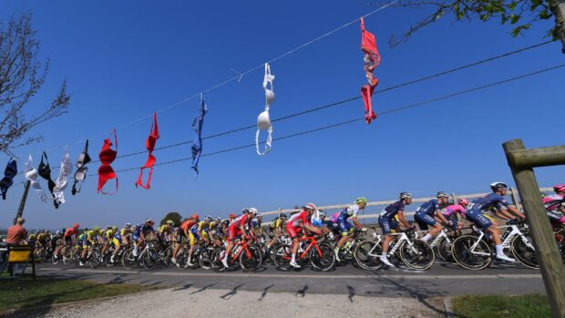 Bras hang roadside as the peloton goes by. Belgian Road Championship 2020 from Halle to Anzegem