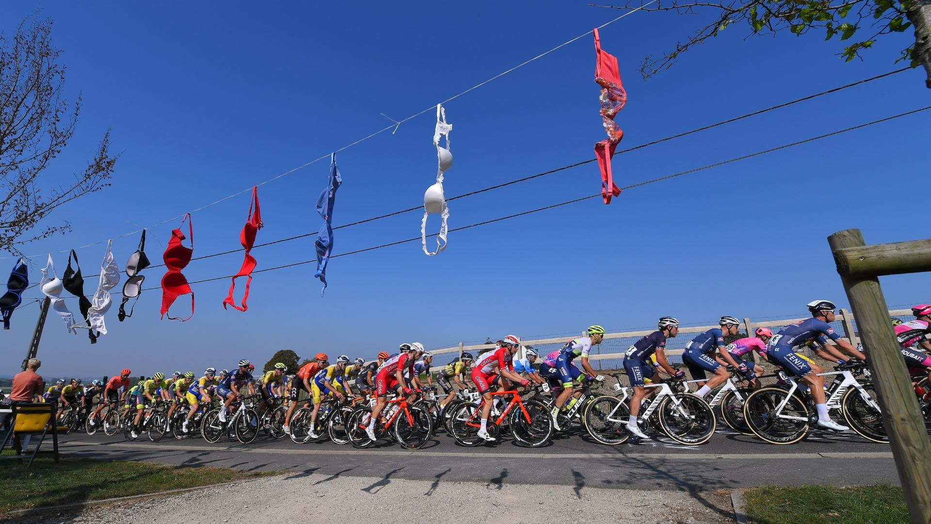 Bras hang roadside as the peloton goes by. Belgian Road Championship 2020 from Halle to Anzegem