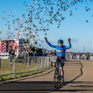 A young rider wins a cyclo-cross race at Cyclopark