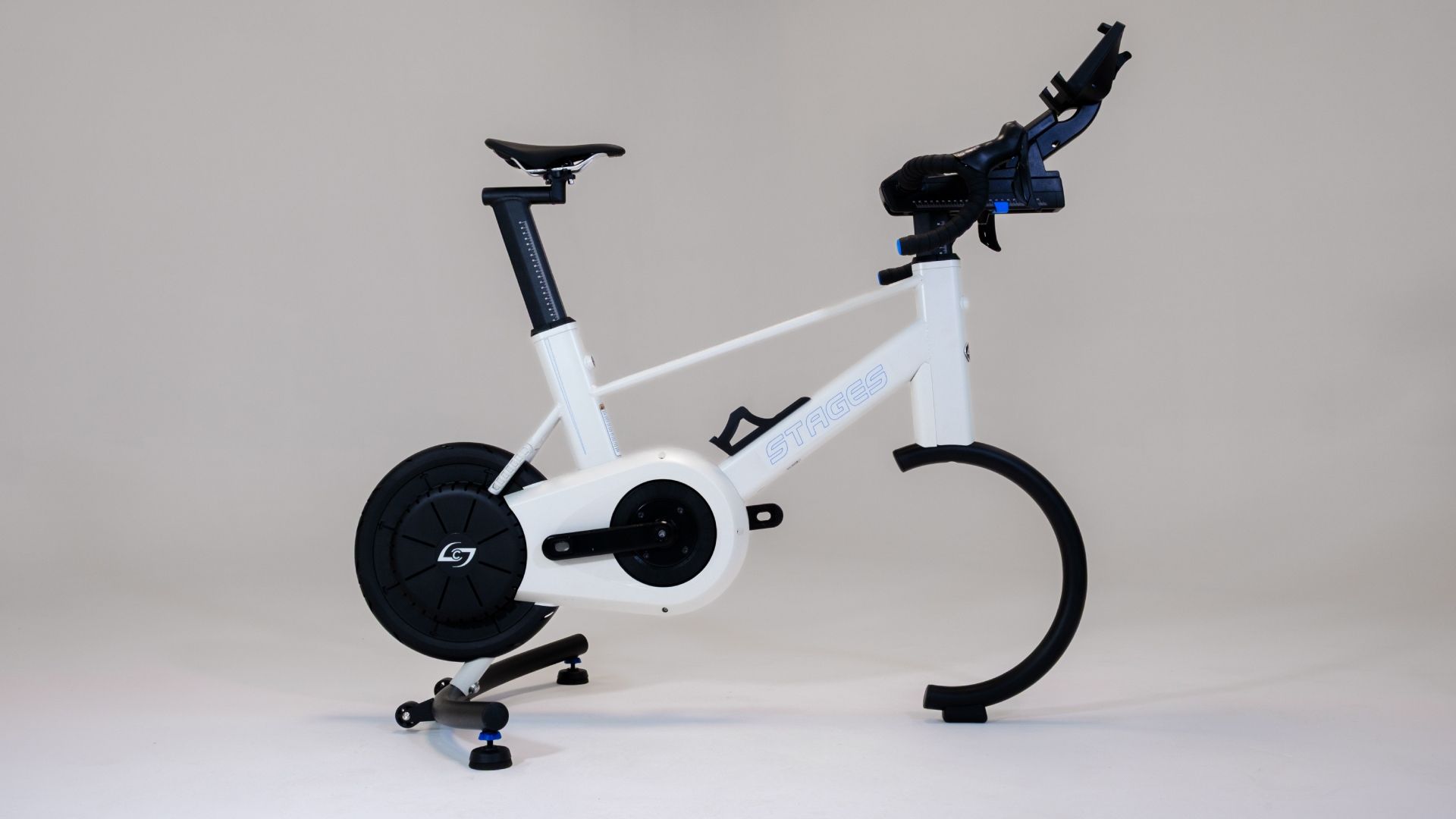Side on shot, featuring the whole smart bike from Stages Cycling, the SB200